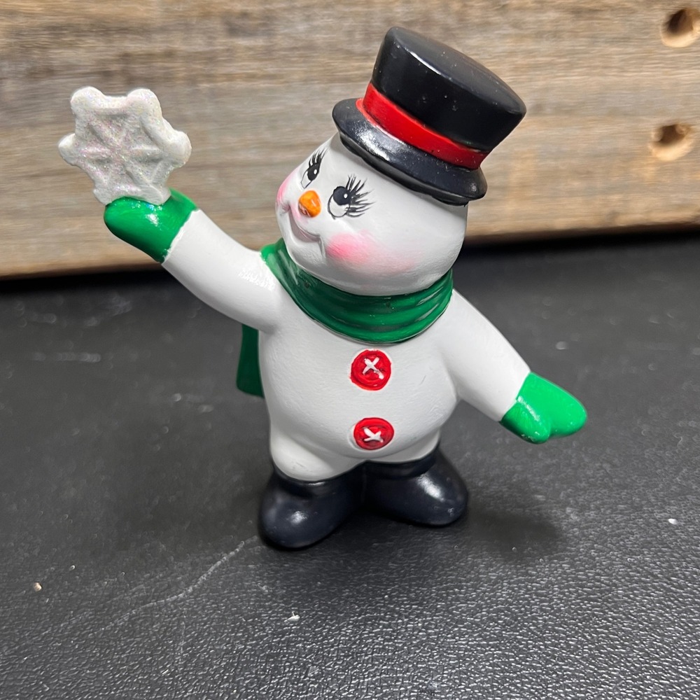 Vintage Ceramic Snowman Figurine Top Hat Green Scarf Snowflake Christmas Decor